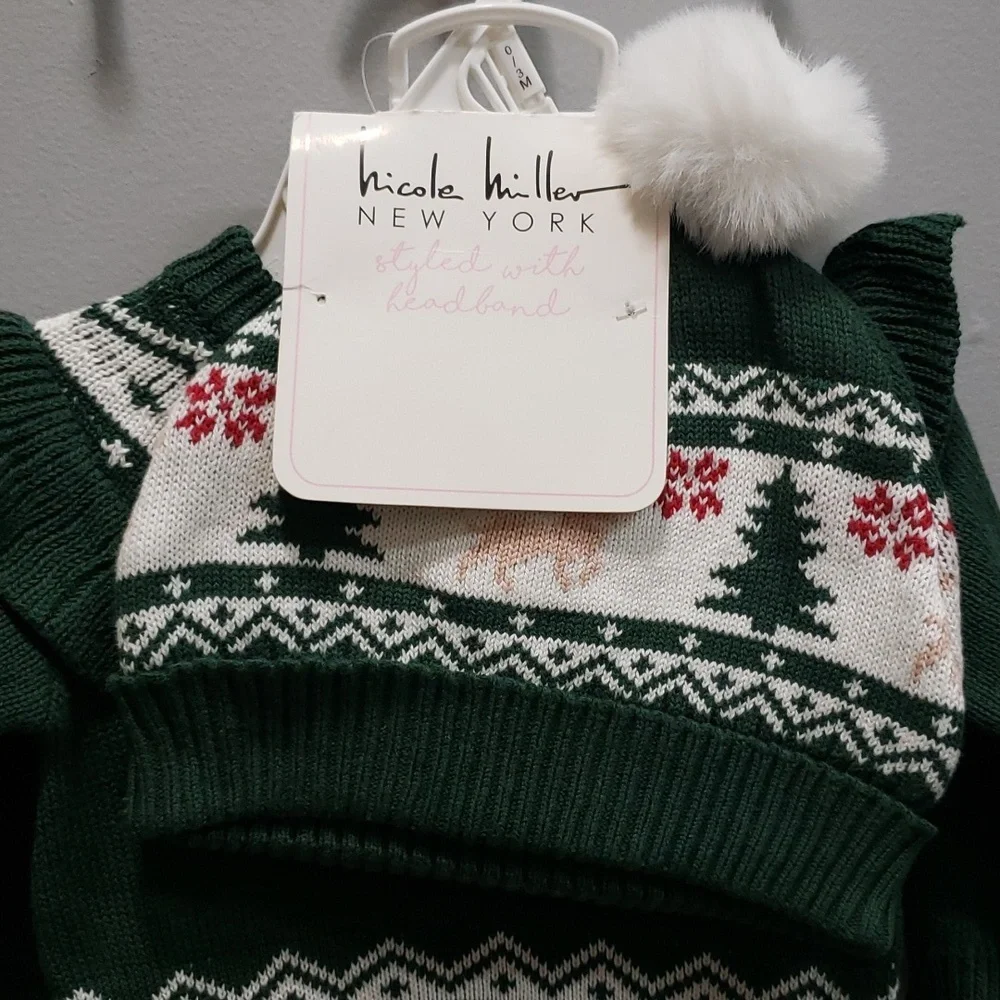 Nicole Miller NWT 3-piece Set, Sweater Dress, Tights and Hat, 0-3 months
